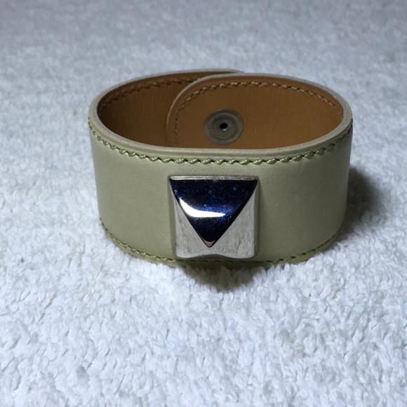 Hermès Lime Green Leather and Silvertone Pyramid Bracelet (7.5in) [In Box] - Picture 2 of 9